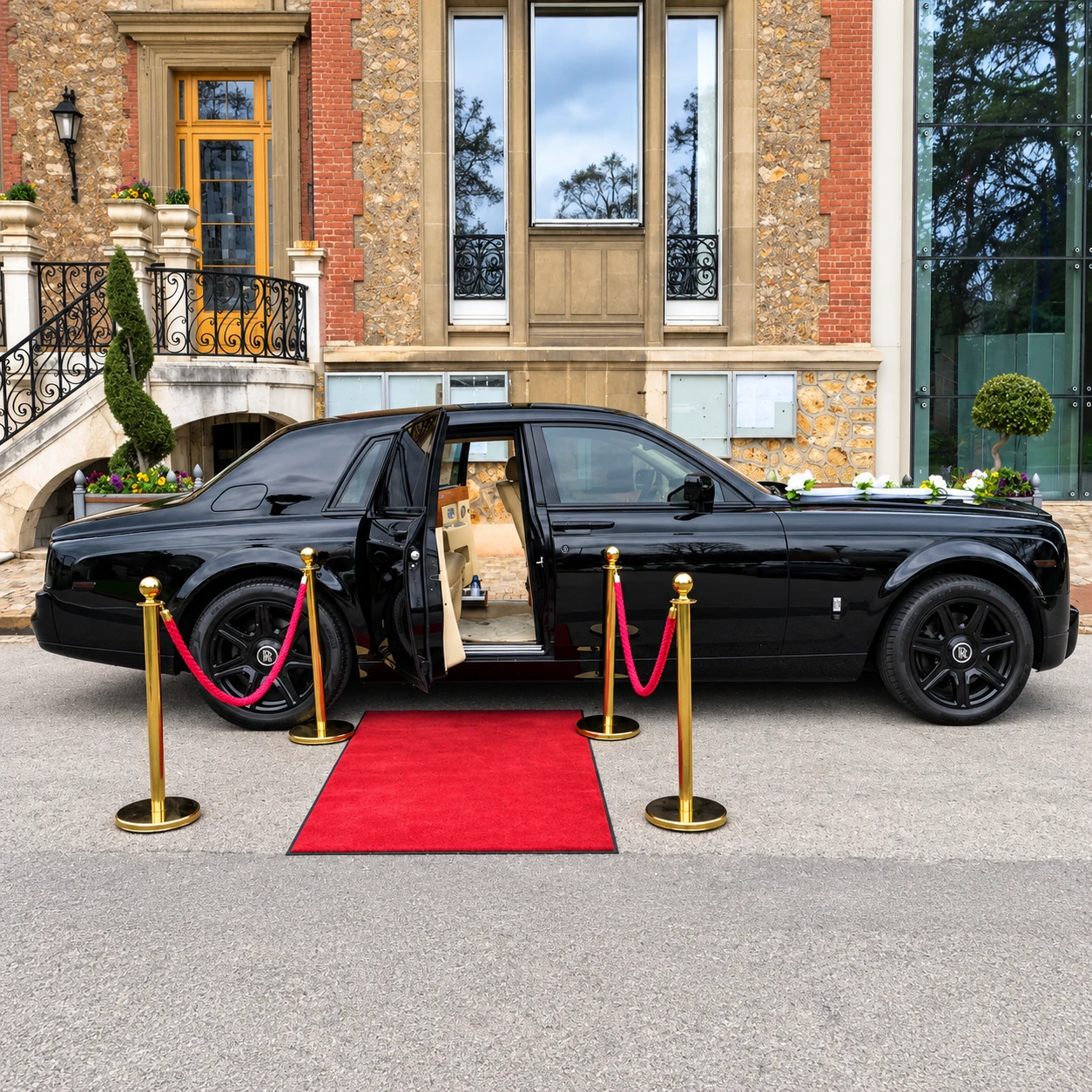 Rolls-Royce Phantom 1 noire — profil avec porte arrière ouverte et tapis rouge